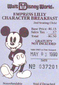 Empress Lilly restaurant character breakfast ticket Walt Disney shopping Village