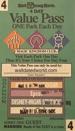Walt Disney World 1994 Value Pass ticket