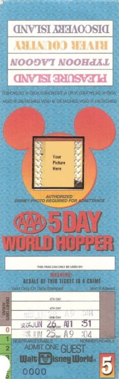 1995 Walt Disney World 5 Day World Hopper ticket