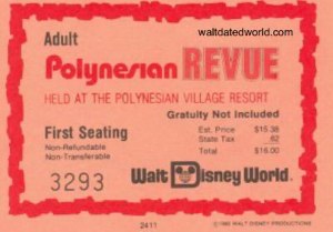 1980 Polynesian Revue show ticket Walt Disney World