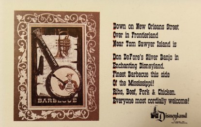 Disneyland Silver Banjo Barbeque postcard.