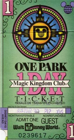 1995 Walt Disney World One Day Ticket